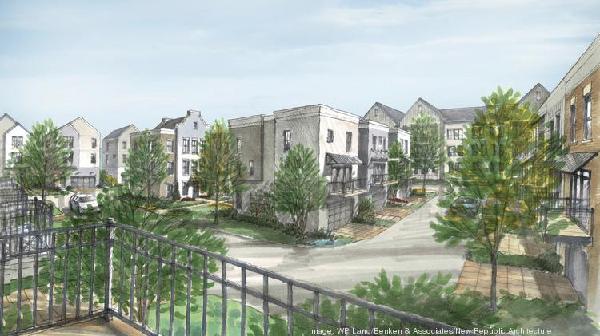 A rendering of the residential development from a balcony, showing the townhomes. WP LAND/BENKEN & ASSOCIATES/NEW REPUBLIC ARCHITECTURE